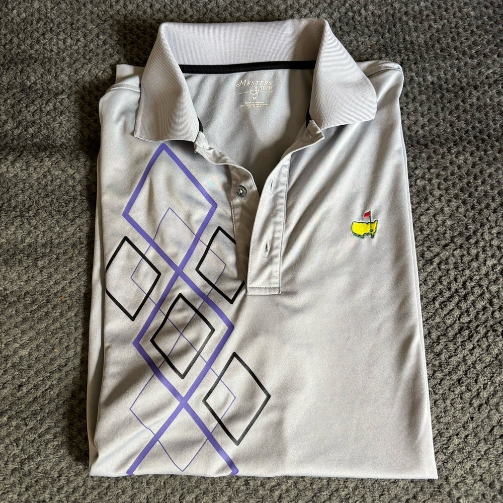 Masters Tech Men`s Gray Purple Performance Golf Polo Shirt / Size Medium Embroid